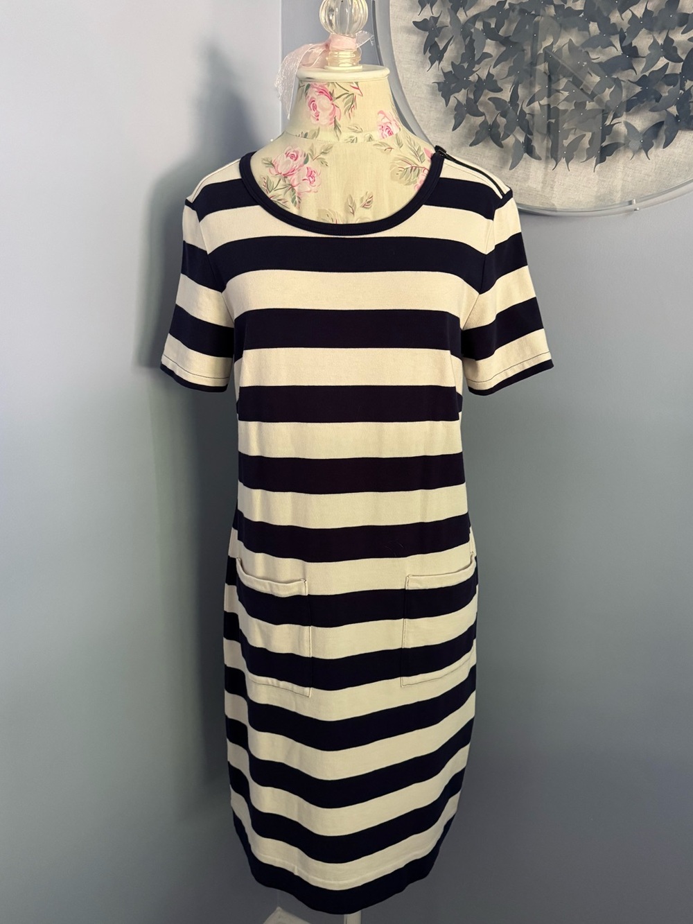 L.L. Bean Navy and White Striped Short Sleeve Midi Dress